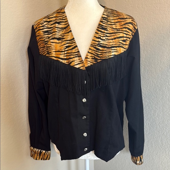 Banjo Vintage Western Tiger Print Fringe Rodeo Women's Top Dallas - Picture 1 of 8